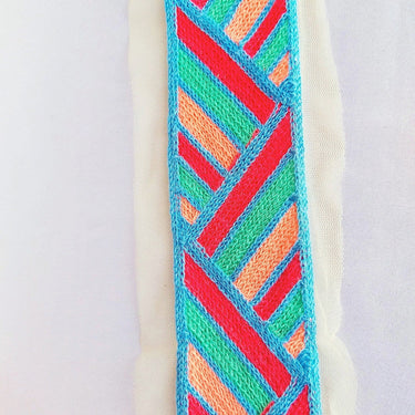 Beige Net With Blue, Red, Cyan And Coral Pink Embroidery